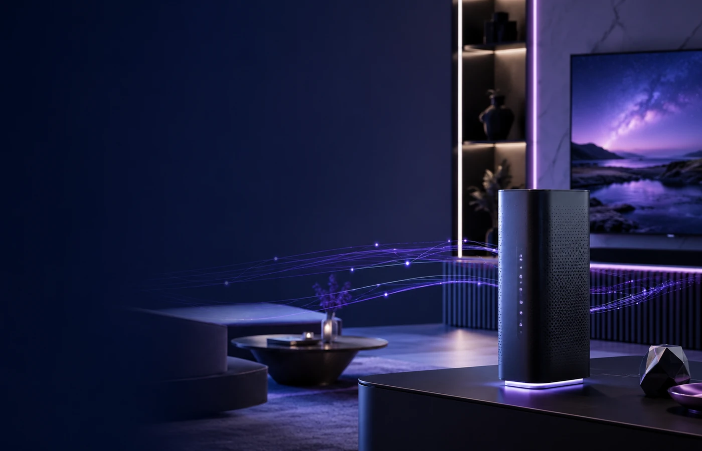 Premium connected living room with internet router and glowing network connections