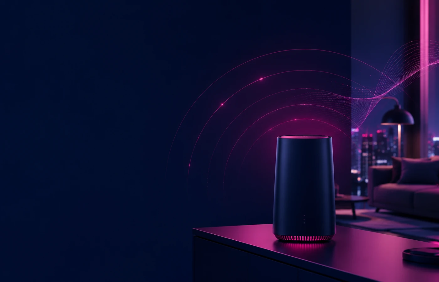 Modern home internet device with vibrant connectivity light trails