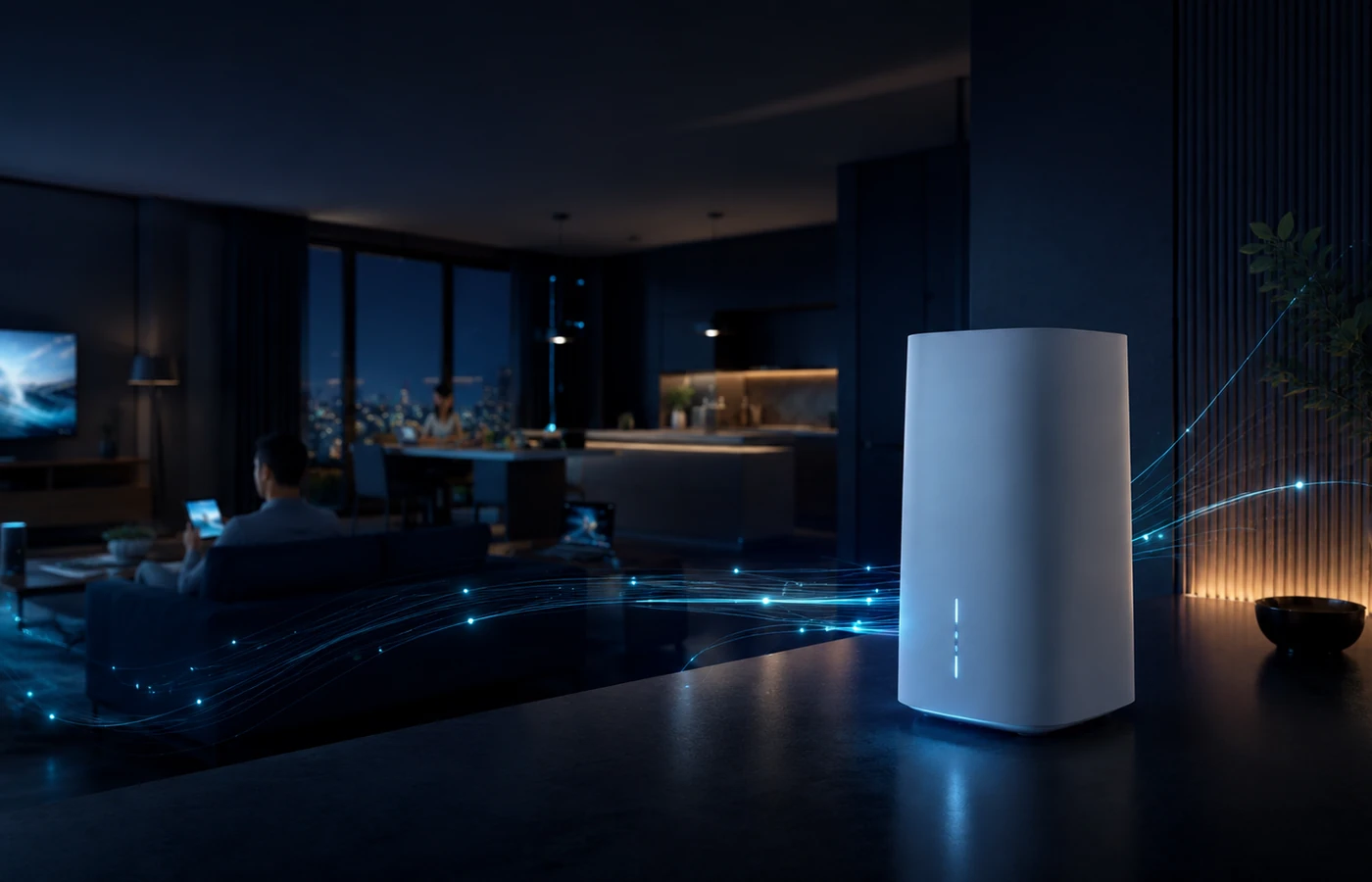 Modern connected home internet setup with wireless network visuals